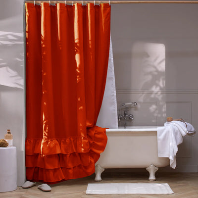 Washed Linen Ruffled Shower Curtain coral