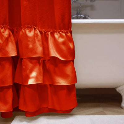 close up ruffles on shower curtain coral