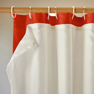 closeup lined linen shower curtain coral