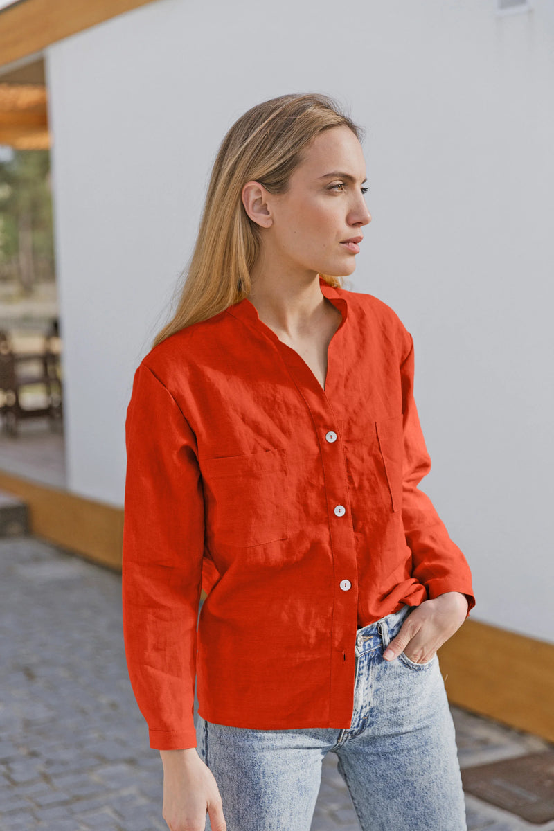 Casual linen blouse with long sleeves "Alana" coral