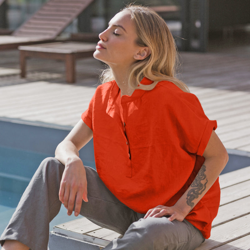 Linen blouse with short sleeves "Flor" coral