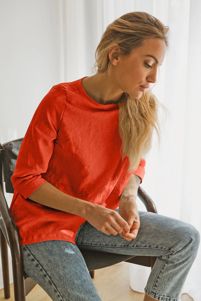 Linen Wrap Blouse Wide Boatneck Top coral