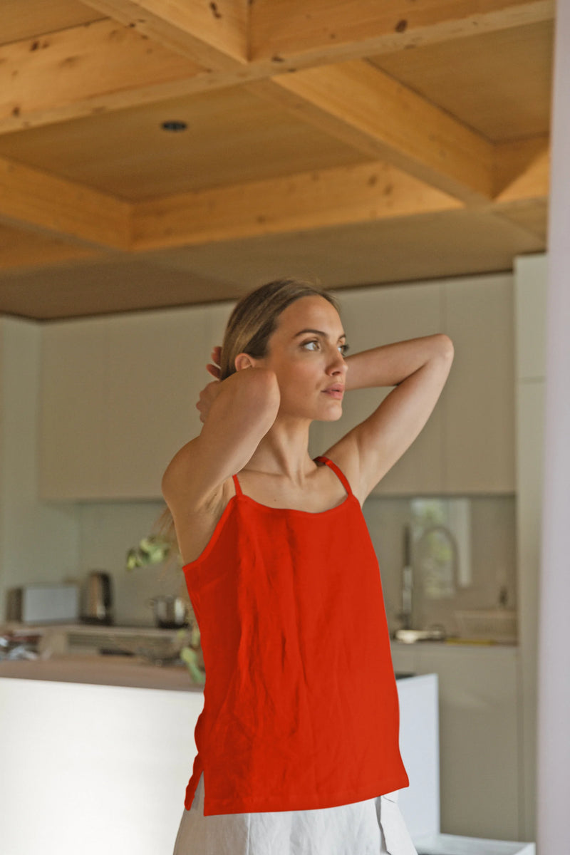 Short linen nightie with spaghetti straps “Maida” coral