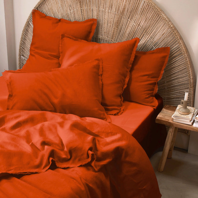 Frayed edge coral linen pillowcases 