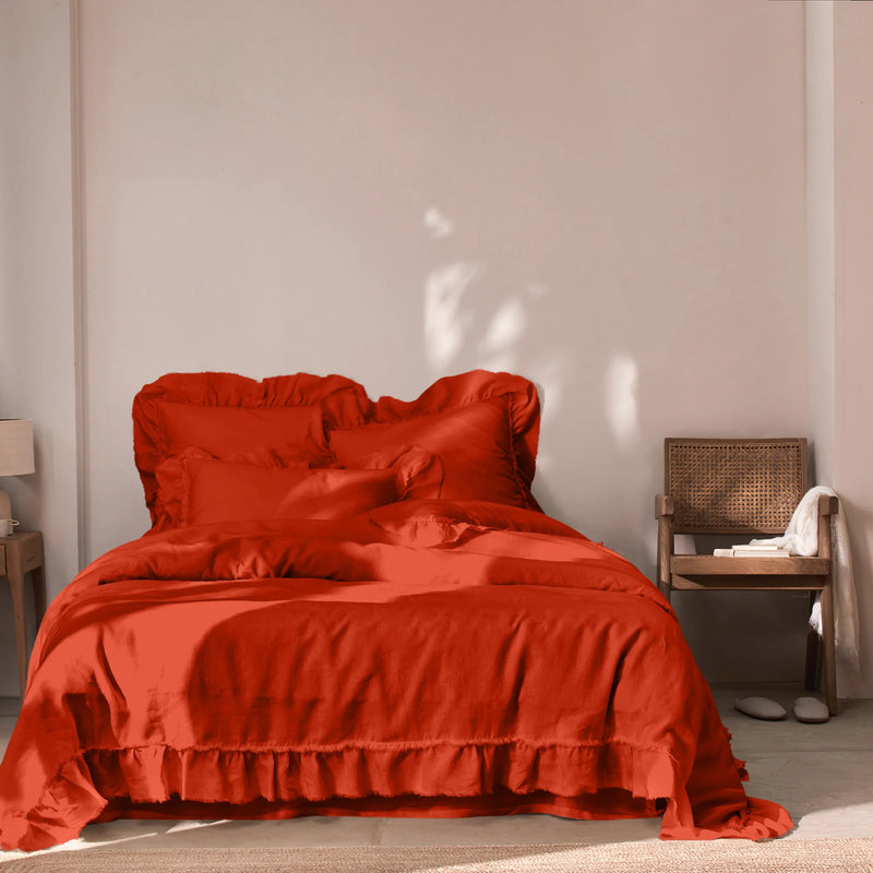 Frayed Ruffles Linen Duvet Cover coral