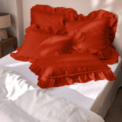 Frayed Ruffled coral Linen Pillow Cases