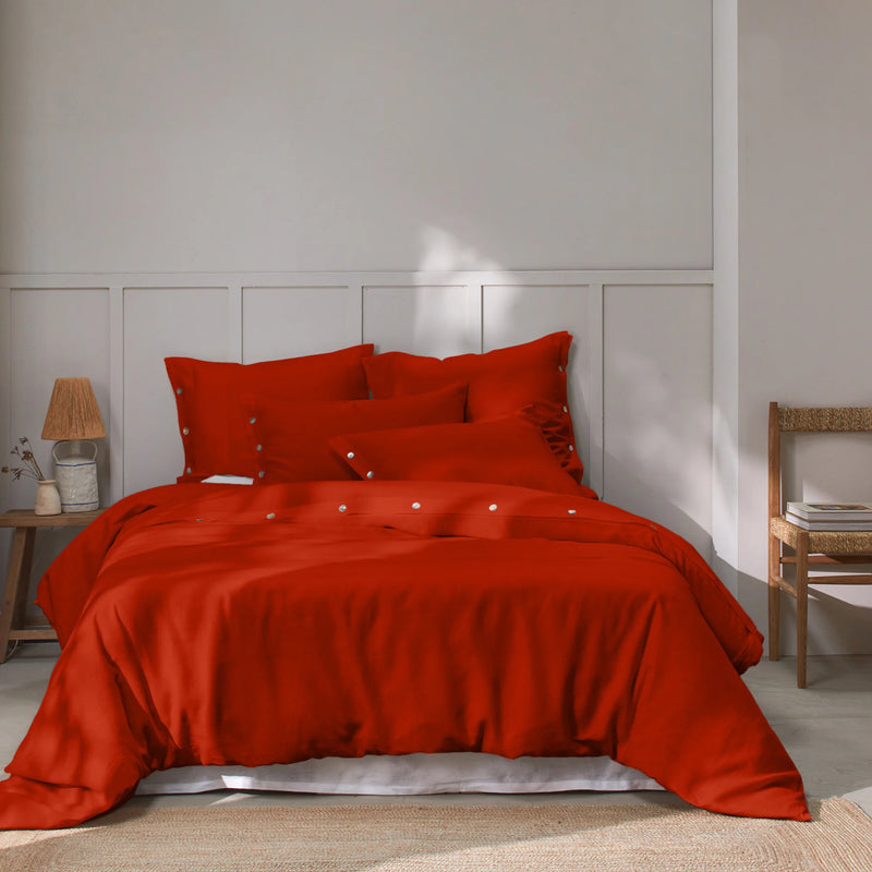 Shell Buttoned Washed Linen Duvet Cover Coral