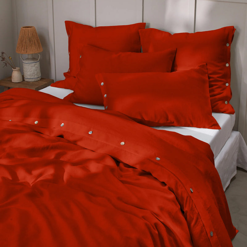 Shell Buttoned Soft Linen Duvet Cover Coral