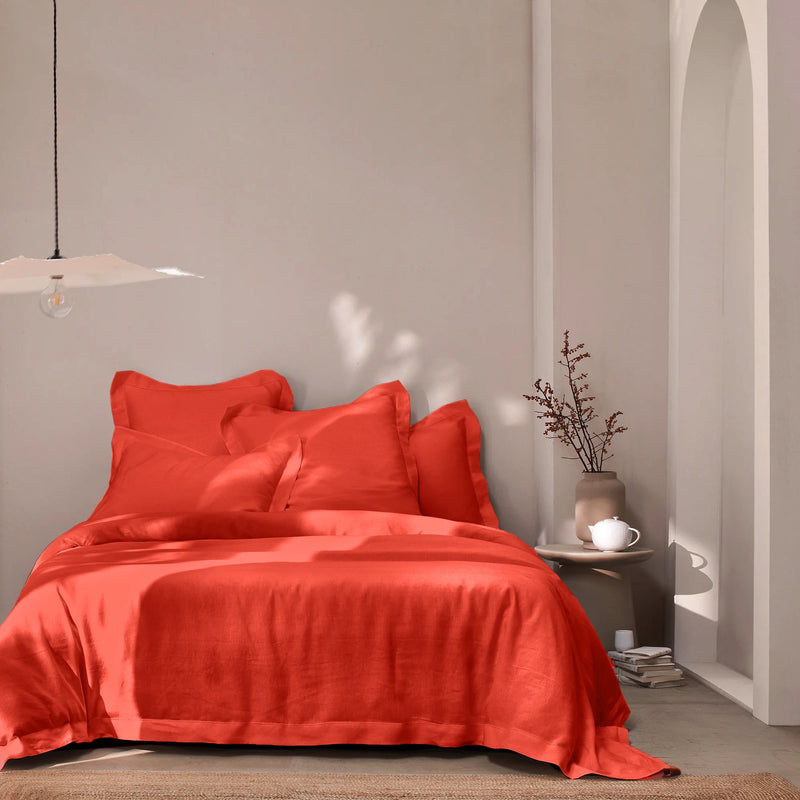 Hemstitch border linen duvet cover coral