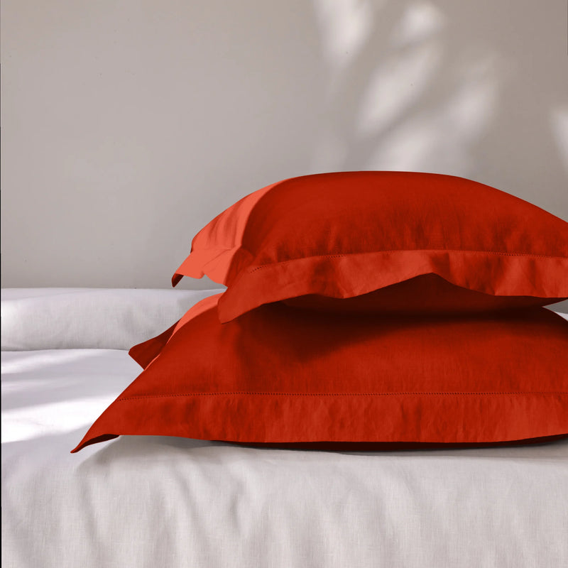 Hemstitch border coral linen pillowcase