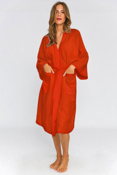 Washed Linen bathrobe Kimono Style “Laís” coral