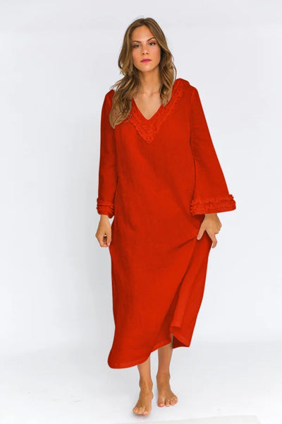 Long Ruffled Linen night dress “Bia” coral