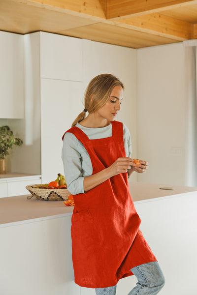 Japanese Style Washed Linen Pinafore Apron coral