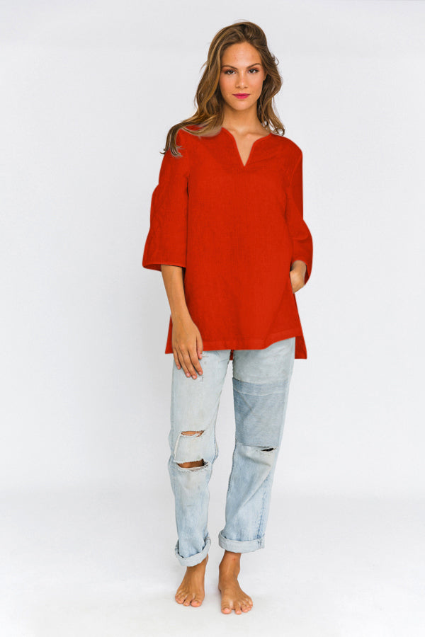 Linen tunic with slit sides coral