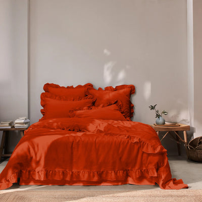 Ruffled Linen Duvet Cover coral