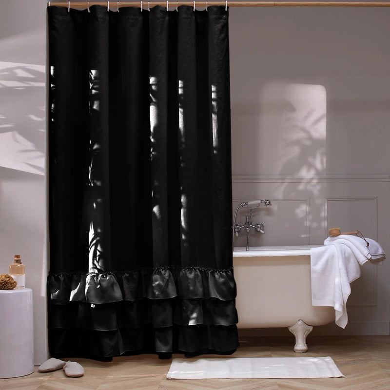 Linen Ruffles Shower Curtain black
