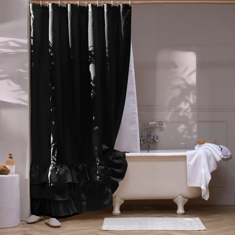Washed Linen Ruffled Shower Curtain Black