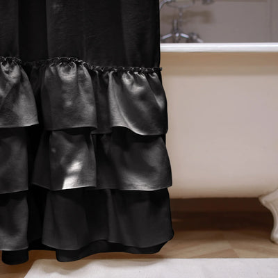 close up ruffles on shower curtain black