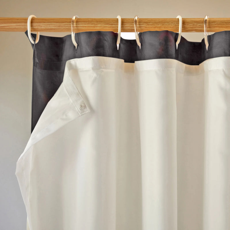 closeup lined linen shower curtain jet-black