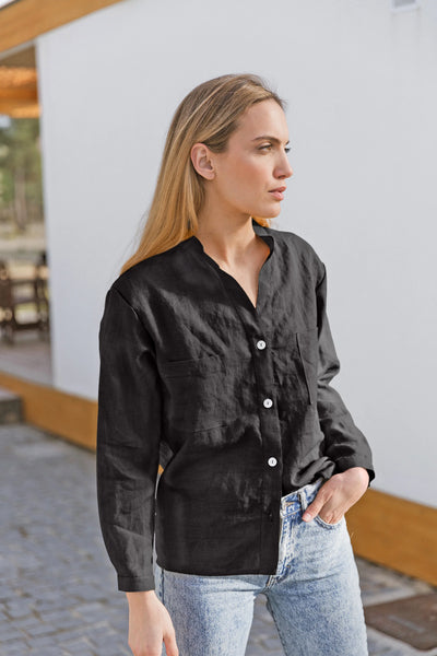 Casual linen blouse with long sleeves "Alana" black