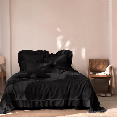 Frayed Ruffles Linen Duvet Cover Black