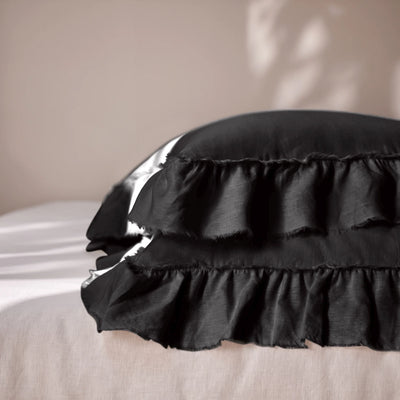 Black Linen Pillowcases with Frayed Ruffles