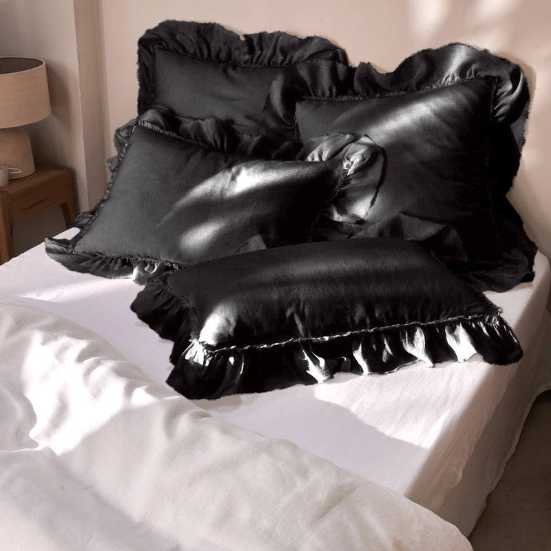 Frayed Ruffled black Linen Pillow Cases