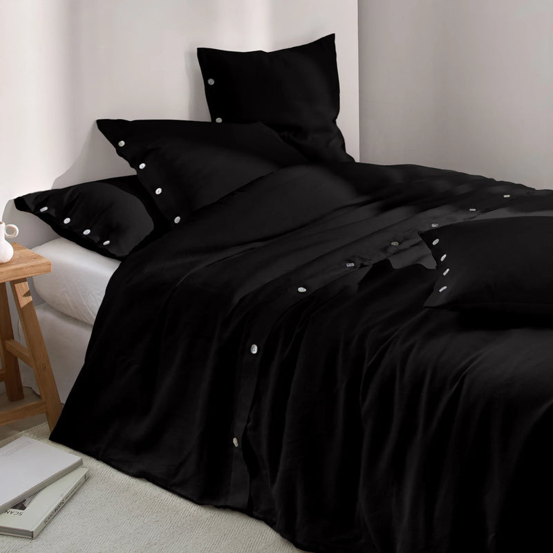 Shell Top Buttoned Linen Duvet Cover Black