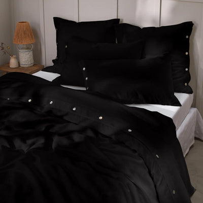 Shell Buttoned Soft Linen Duvet Cover Black