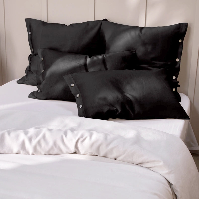 Jet-black Linen Pillowcases with Buttons