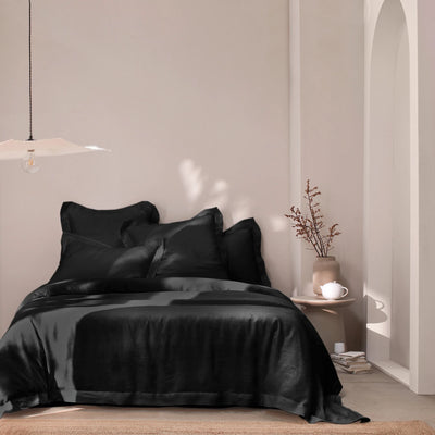 Hemstitch border linen duvet cover jet-black