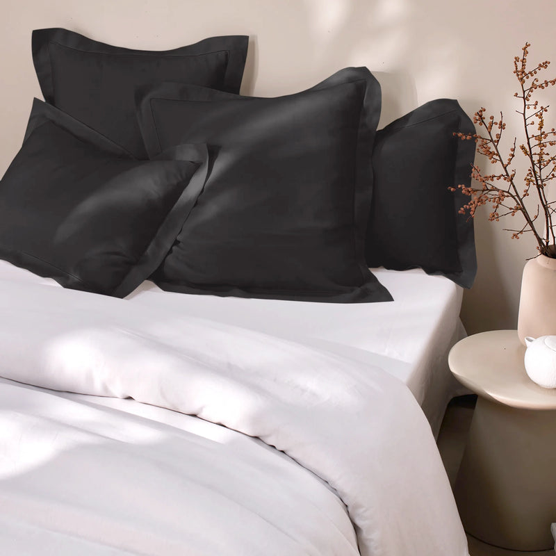 Jet-black hemstitch border linen pillowcase