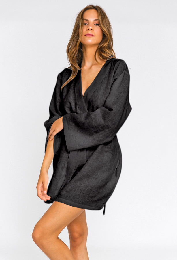 Linen Unisex Short Bathrobe "Alice" black