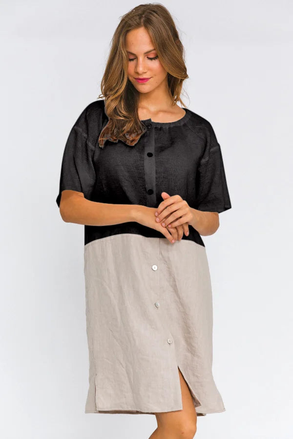 Buttoned Washed Linen Night Dress "Gabi" jet-black