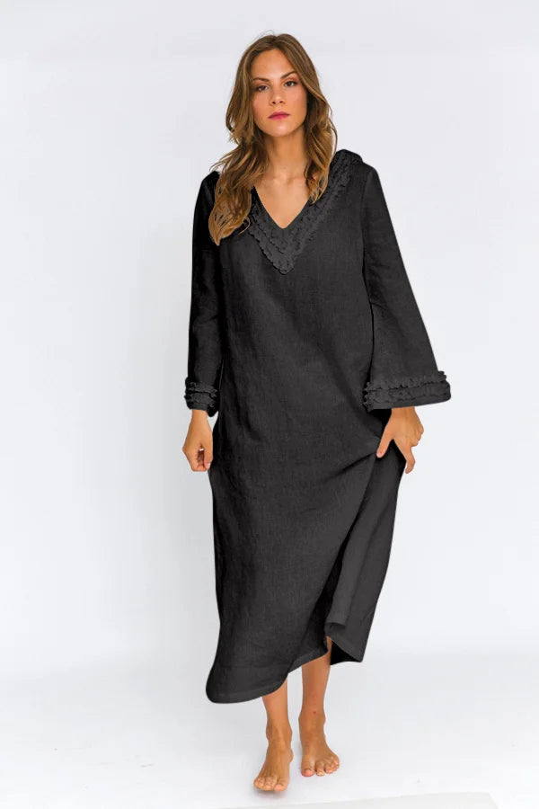 Long Ruffled Linen night dress “Bia” jet-black