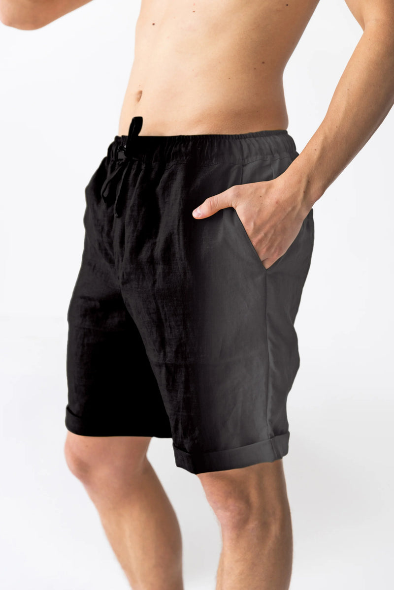 Relaxed washed linen shorts black