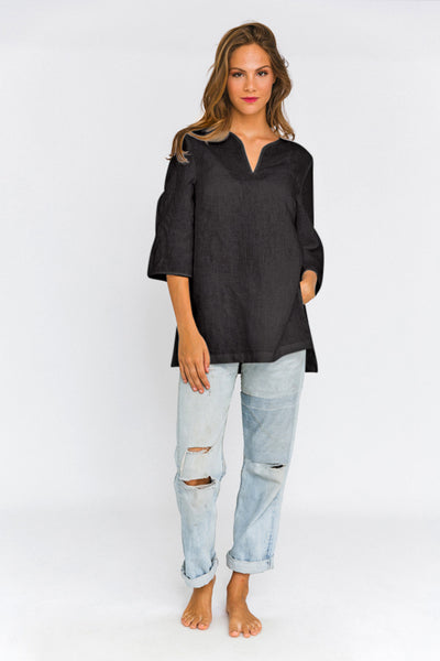 Linen tunic with slit sides jet-black