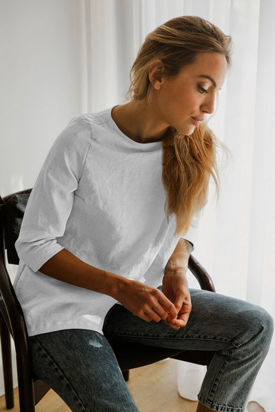 Linen Wrap Blouse Wide Boatneck Top stone grey