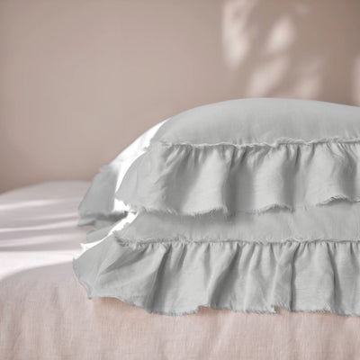 Light grey Linen Pillowcases with Frayed Ruffles