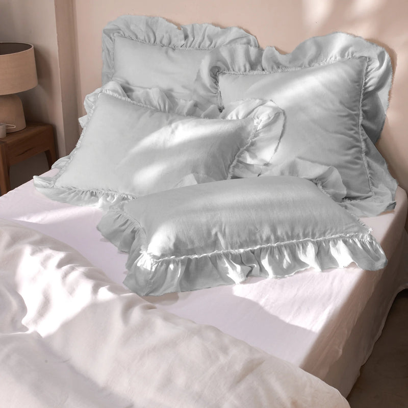 Frayed Ruffled light grey Linen Pillow Cases