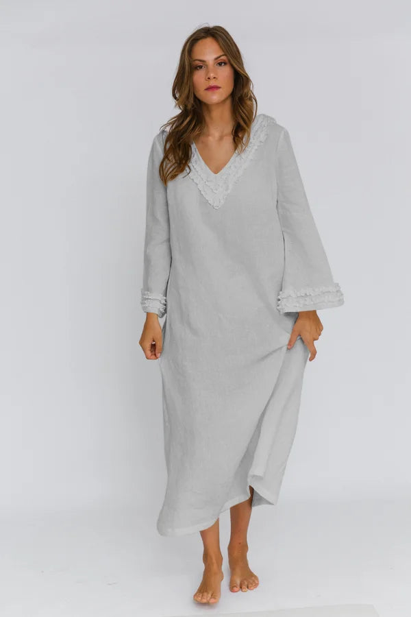 Long Ruffled Linen night dress “Bia” stone grey