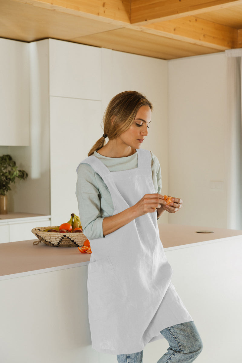 Japanese Style Washed Linen Pinafore Apron  stone grey