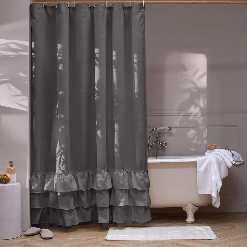 Linen Ruffles Shower Curtain lead grey