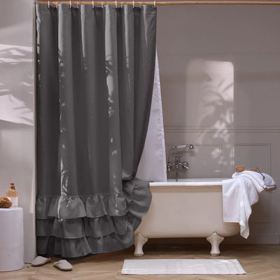 Washed Linen Ruffled Shower Curtain lead grey
