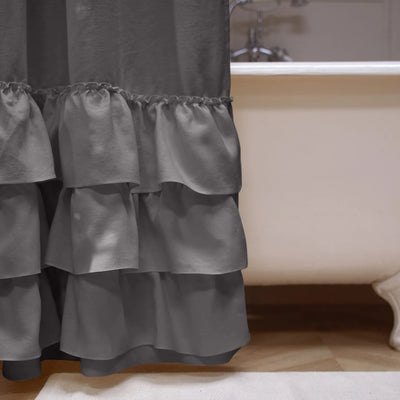 close up ruffles on shower curtain lead grey