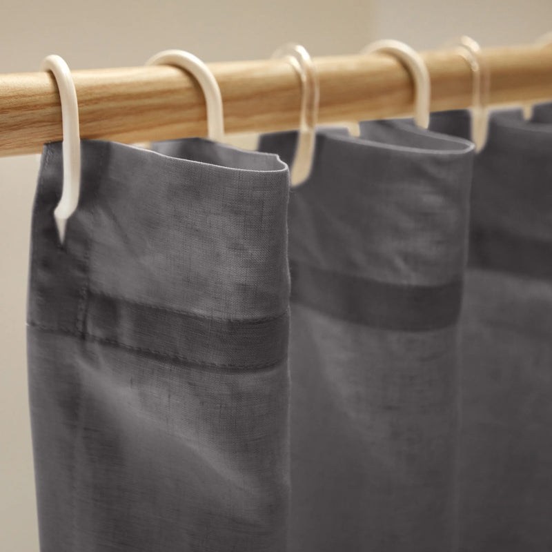Closeup lead grey Linen Shower Curtain top