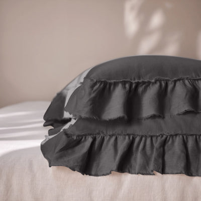 Dark grey Linen Pillowcases with Frayed Ruffles