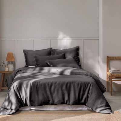 Shell Buttoned Washed Linen Duvet Cover Dark Grey