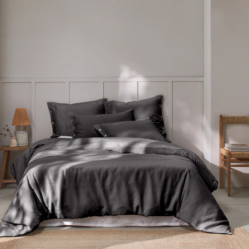 Shell Buttoned Washed Linen Duvet Cover Dark Grey