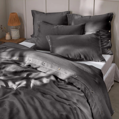 Shell Buttoned Soft Linen Duvet Cover Dark Grey